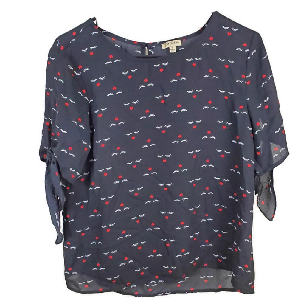 Lily White Sheer Printed Short Sleeve Blouse Small